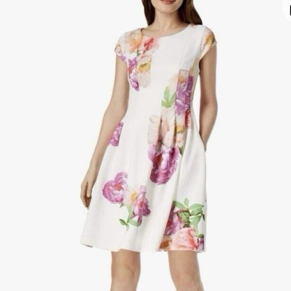 Calvin Klein Pink White Floral Cap Sleeve Pleatedโ Pockets Scuba Flare Dress 18W